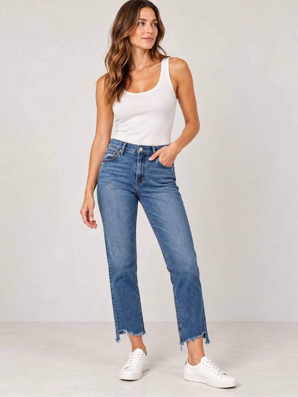 MOTHER Mid Rise Dazzler Ankle Step Fray Mix Tape Size 28 Blue Wash Raw Hem